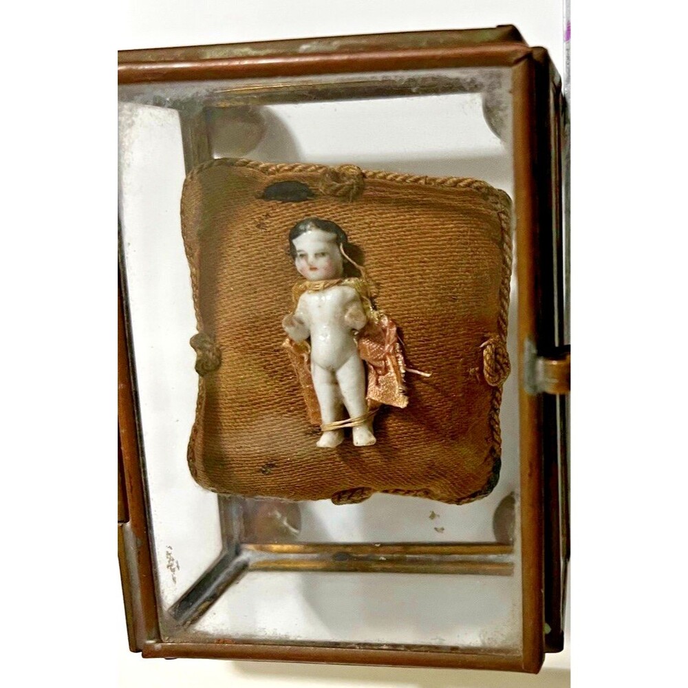 Antique Frozen Charlotte Porcelain Doll 1.5" Miniature Glass Display Case